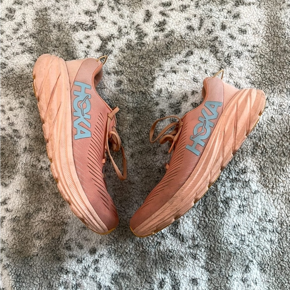 Women's Hoka Rincon 3 running shoes Peach Parfait/Aqua Sky colorway